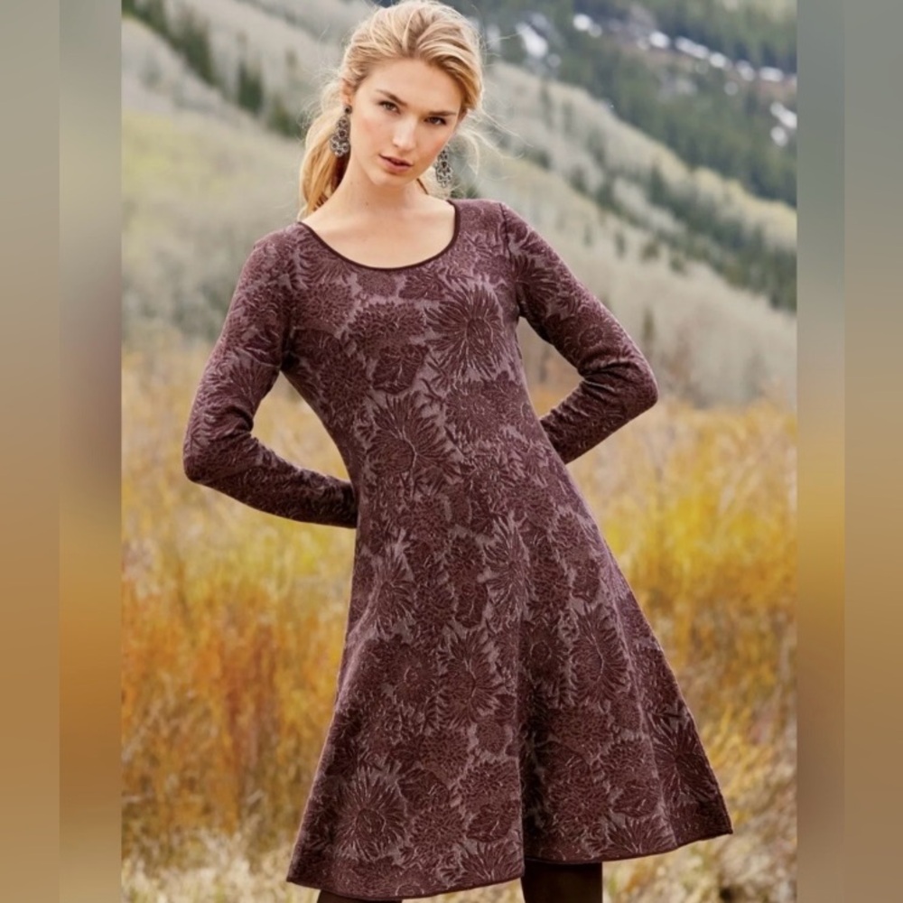 Peruvian Connection Burgundy Floral Long Sleeve Dress Small Jacquard 100% Pima